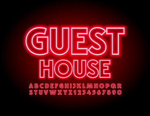 Vector red neon emblem Guest House with electric Font. Glowing Alphabet Letters and Numbers
