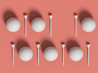 Golf balls and white tees on coral background, flat lay, top view; 3d rendering, 3d illustration