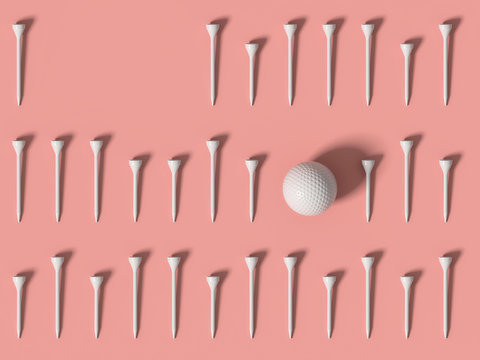 Single golf ball and white tees on light coral background, flat lay, top view; space for text; 3d rendering, 3d illustration