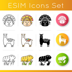 Peru icons set. Peruvian culture, nature. The incas, alpaca, guinea pig. Traveling in Latin America. Andean country features. Linear, black and RGB color styles. Isolated vector illustrations © bsd studio