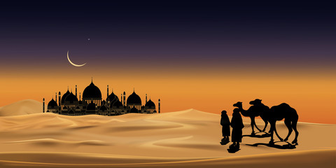 Fototapeta na wymiar Vector illustration group of Arab people with camels caravan riding in realistic desert sands, Caravan Muslim ride camel to mosque, Background for Ramadan Kareem