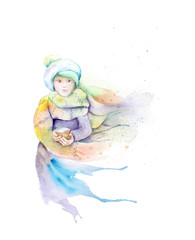 watercolor illustration, drawing of a girl of the season
