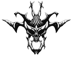 Skull of demon or devil, dark mask, terrible, gloomy symmetrical , with large, crooked, sharp horns and long fangs,  a wide open jaw, on a white background. Character horror, fallen angel.