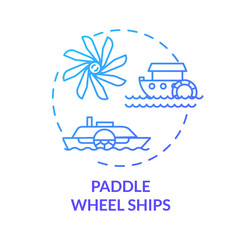 Paddle wheel ship blue concept icon. Vintage steamship. Retro river boat. Steamer ship. Water vessel. Steamboat idea thin line illustration. Vector isolated outline RGB color drawing