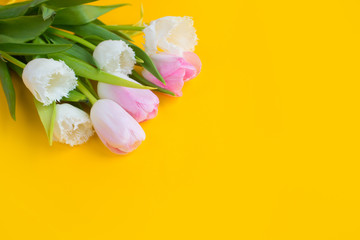 Pink tulips on the yellow background. Flat lay, top view. Valentines background.
