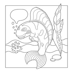Children's picture coloring. Smiling fish in the sea with speech bubble (space for text). Doodle drawing. Simple outlines isolated on white background.