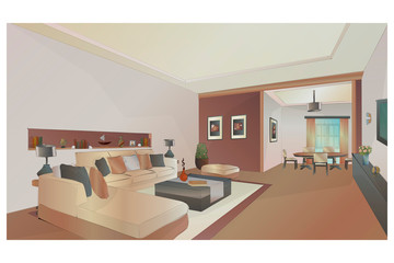 image of the interior of the living room. Sofa, daybed, pouf and table.