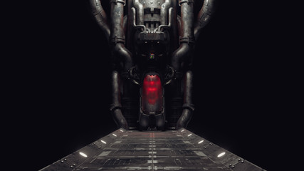 Cryogenic hibernation capsule with a human body inside. Metal bridge to cryo chamber in empty space in an abandoned sci-fi interior on dark background. Cryopod with misted glass. 3d illustration. © roman3d