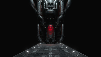 Cryogenic hibernation capsule with a human body inside. Metal bridge to cryo chamber in empty space in an abandoned sci-fi interior on dark background. Cryopod with misted glass. 3d illustration. © roman3d