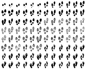 Black prints of human feet and shoes on a white background