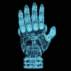 3d rendering cyber hand on black background. Futuristic design concept of a prosthetic hand. Wireframe artificial robotic mechanical arm. Projection with blue HUD. Cyberware. Futuristic innovation.