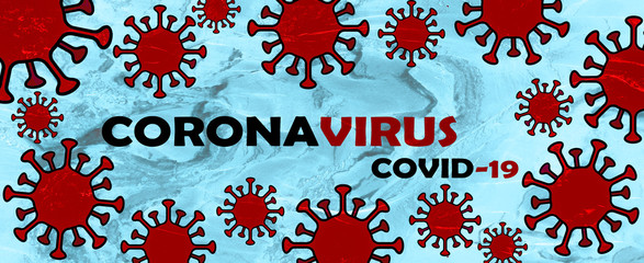 CORONAVIRUS COVID-19 - Frame made red Cartoon Virus isolated on blue marbled texture background, with space for text