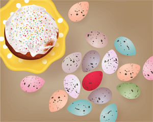 Easter banner with Easter Eggs, Easter cake on a yellow plate on a beige background
