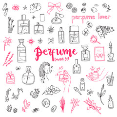 Perfume doodle set. Bottles, ingredients and decorative elements, simple cute style.
