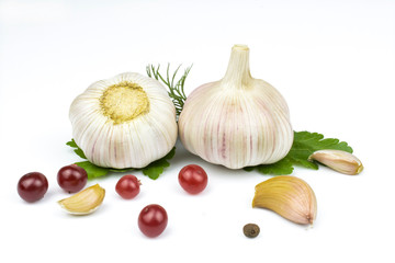 Garlic, cranberries, isolated on a white background.