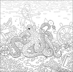 Sea pirate Octopus with a map of a treasure island and a big wooden chest of gold from an old sunken ship among wreckage of a shipwreck on a coral reef, black and white vector cartoon illustration