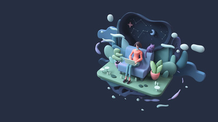 Brunette woman with a laptop sitting on a sofa late at night. Abstract concept art lazy sedentary lifestyle of a young freelancer working from home with cat, plants. 3d illustration on blue background