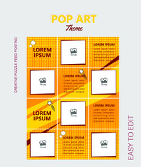 modern social media post feed, instagram feed, pop art, blue, minimalist.