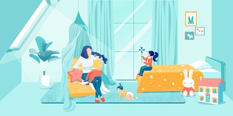 Mother Spending Time in Childrens Room Vector.