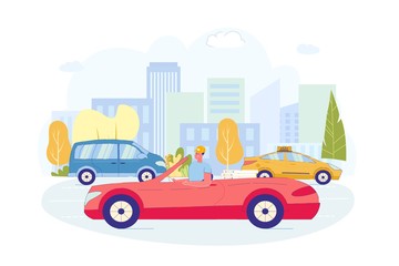 Man Works for Pizza Delivery Service Driving Car.