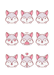 Cute kawaii hand drawn emotion wolf doodles, isolated on white background