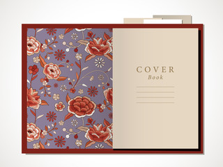 Open book with decorative flower printed flyleafs