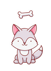 Cute kawaii hand drawn wolf and bone doodles, isolated on white background