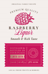 Family Recipe Raspberry Liquor Acohol Label. Abstract Vector Packaging Design Layout. Modern Typography Banner with Hand Drawn Ripe Berry Silhouette Logo and Background.