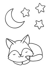 Coloring pages, black and white cute kawaii hand drawn wolf and moon and stars doodles