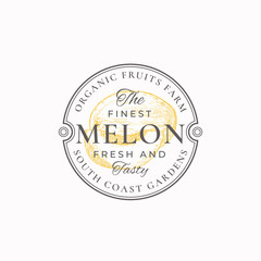 Melon with a Slice Frame Badge or Logo Template. Hand Drawn Fruit Sketch with Retro Typography and Borders. Vintage Premium Emblem.