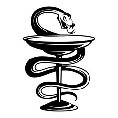 Emblem medicine snake wrapping around a bowl leg and bowed its head above the bowl. Medical symbol. Emblem for drugstore. Snake and a bowl pharmacy icon. Medical symbol of the Emergency.