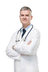 Confident male doctor in white lab coat
