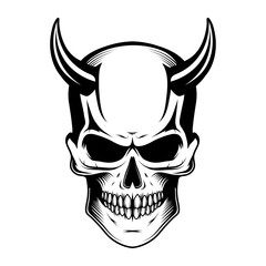 Monochrome illustration of hipster skull with mustache. Emblem tattoo skull. Halloween party, holiday, cloth, print, icon, logo, paper, decor. Vintage retro human skull and jaw.