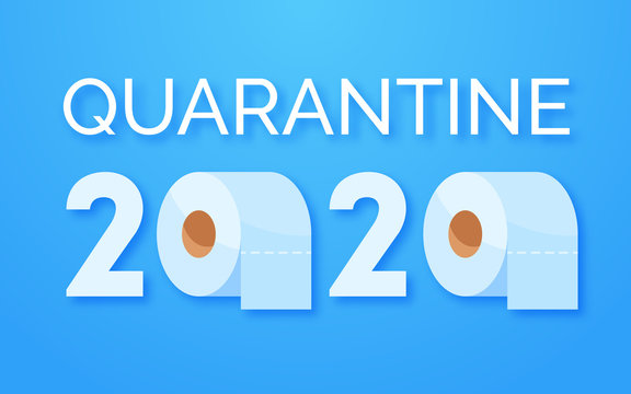 Coronavirus panic 2020 concept. Stocking up toilet paper for home quarantine. Panic Covid-19 outbreak. Letters and rolls of toilet paper on blue background