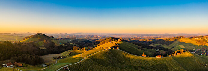 Panorama of Vineyards near Gamlitz Sulztal area south Styria, wine country.