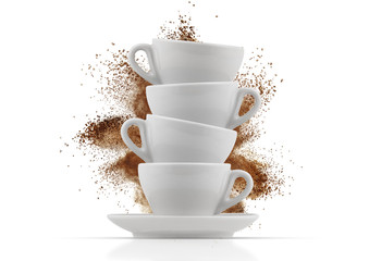 Splash of coffee powder, coffee cup and coffee leaf. Branding elements, isolated, to add logo.