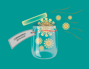 Coronavirus bacteria escaping from a test tube. The spread of coronavirus.