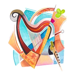 Draagtas Handmade drawing of a Celtic harp and country folk music instruments in a modern style colored with watercolors © Martin