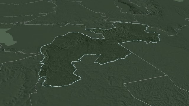 Kericho, county with its capital, zoomed and extruded on the administrative map of Kenya in the conformal Stereographic projection. Animation 3D