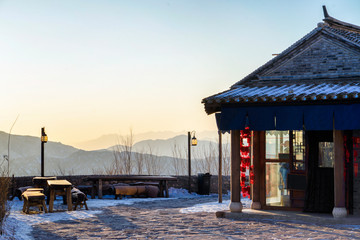 Classic Chinese style pavilion for travelers located in the mountains and beautiful sunshine.