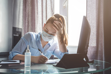 Coronavirus. Quarantine. Online training education and freelance work. Computer, laptop and girl...