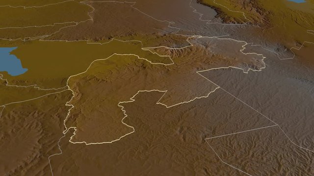 Kericho, county with its capital, zoomed and extruded on the relief map of Kenya in the conformal Stereographic projection. Animation 3D