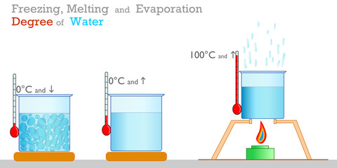 Water freezing, boiling, melting centigrade degrees. Liquids, fluids. Thermometer, test container, temperature gauge and cooker. Physics, chemistry samples.  Study, school. 2d vector illustration