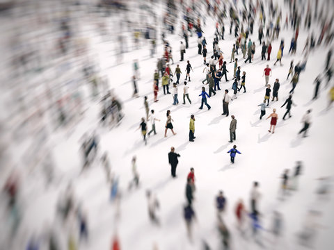 Fast Zoom Focus On A Large Group Of People On White Background. 3D Rendering.