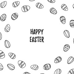 Greeting card. Easter wreath with Easter eggs hand drawn black on white background. Decorative frame from eggs. Easter eggs with ornaments in circle shape.