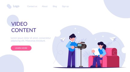 Create video content for your blog. People are making videos. Shooting on camera. Modern flat vector illustration. Landing web page template.