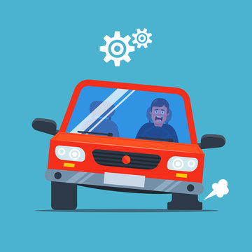 the car pierced the wheel and began to inflate. upset driver. flat vector illustration.