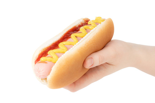 Hand Holding Hot Dog With Mustard Isolated On White Background. Сlipping Path