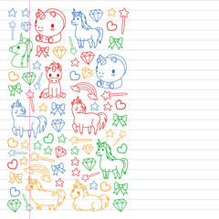 Children pattern with fairy tale unicors for kids clothes, posters, banners, shirts. Vector image with cartoon character.