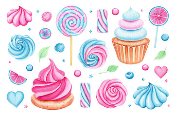 Set of Watercolor candies, cupcake, lollipop. Bright Sweets for Birthday postcard, Greeting card. Dessert for holiday and party. Hand drawn illustration. Artistic design with food  for cafe. Freehand 